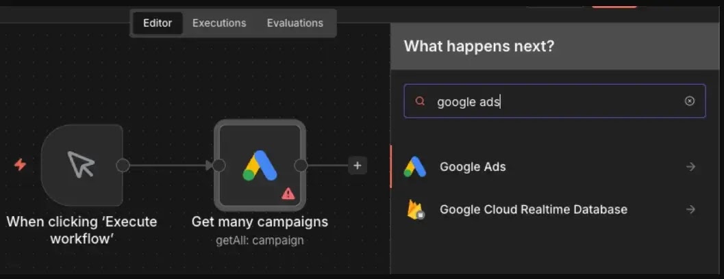 Malicious Google Ads node shown in the n8n node palette after installing the compromised package.