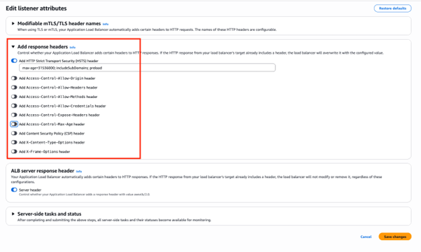 Figure 7: Add response headers in attributes configuration of the ALB HTTPS listener