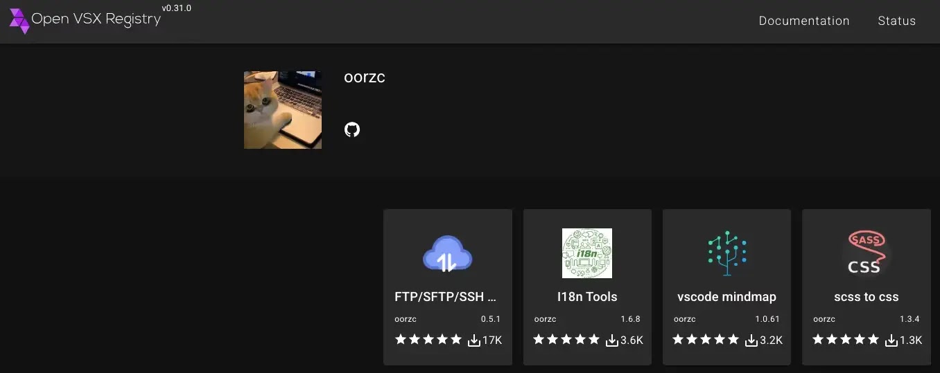 Open VSX Registry showing the oorzc namespace with four published extensions (Source - Socket.dev)