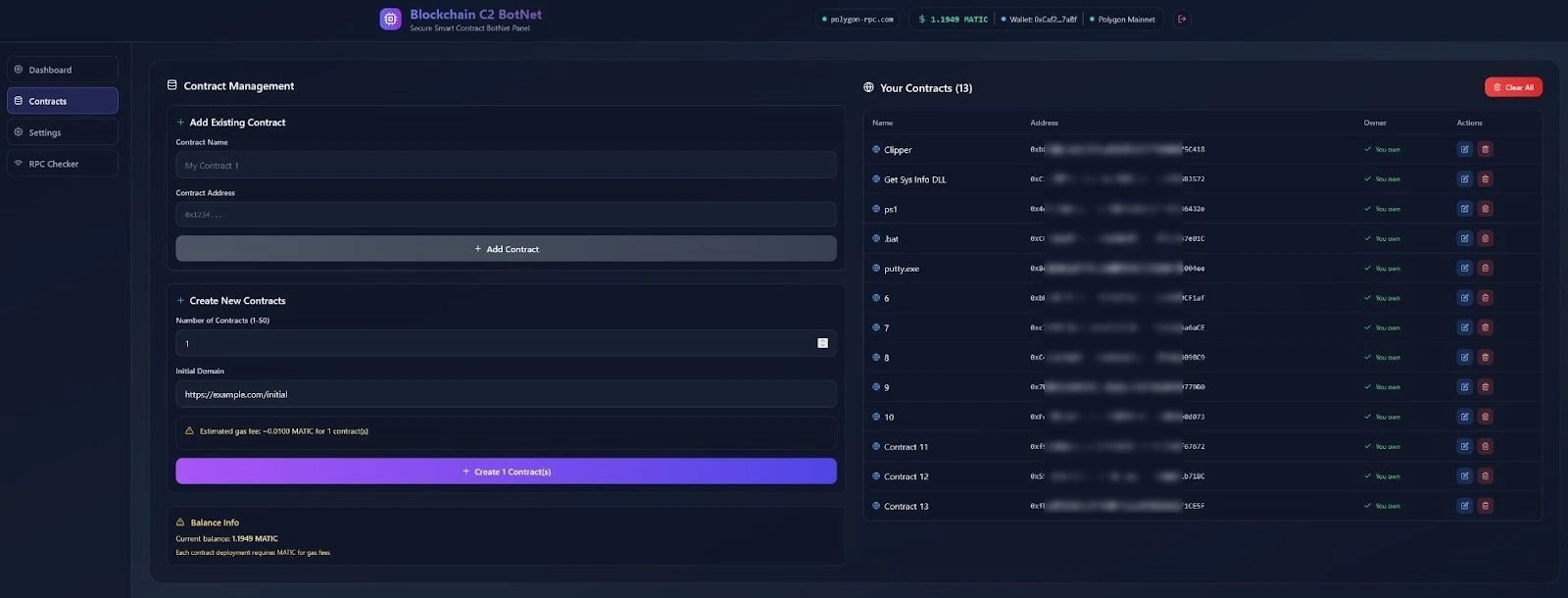 Contract Management Panel Showing 13 Active Smart Contracts (Source - Qrator Labs)