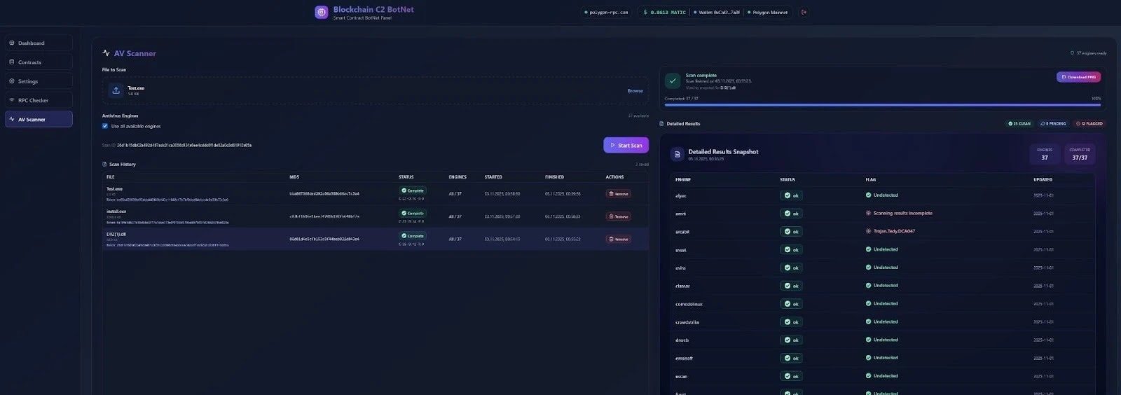 Built-in AV Scanner Showing Detection Rates Across 37 Engines (Source - Qrator Labs)