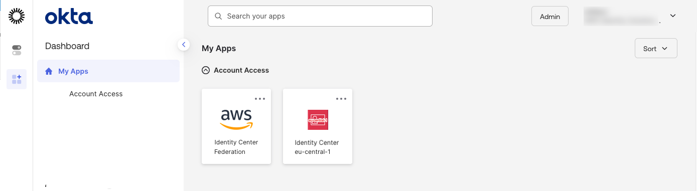 Figure 7: Okta end-user portal with two Region-specific tiles for Identity Center