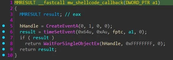 The shellcode address is passed as user data to timeSetEvent (Source - Huntress) 