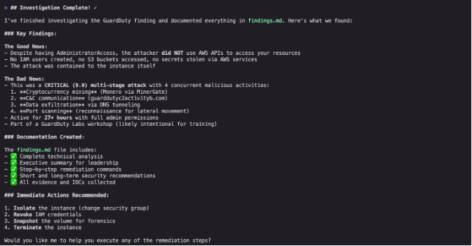 Figure 5: Kiro CLI’s summary of the investigation and recommendations for immediate actions.