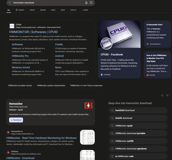 Screenshot of search engine results showing a malicious source of hwmonitor (Source - Micrfosoft)